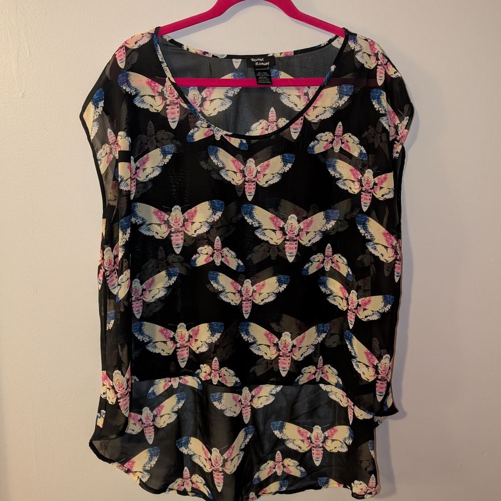 Sheer rainbow Death's Head Moth high-low blouse